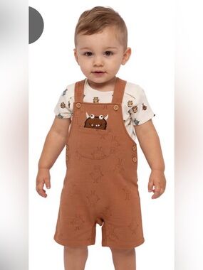 Brown Monster Print Kids One-Piece Overall with Cream Monster-Print Bodysuit